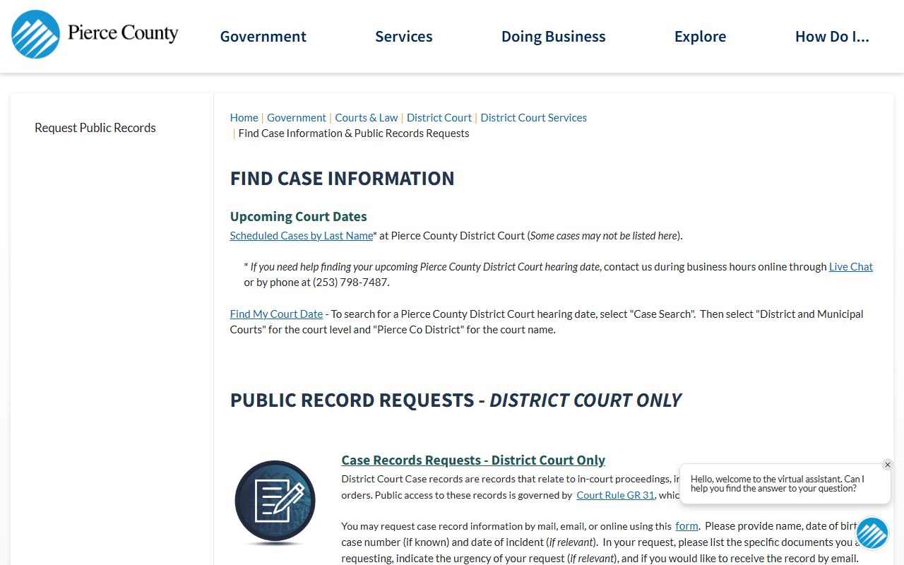 Pierce County District Court records and case information page for University Place area