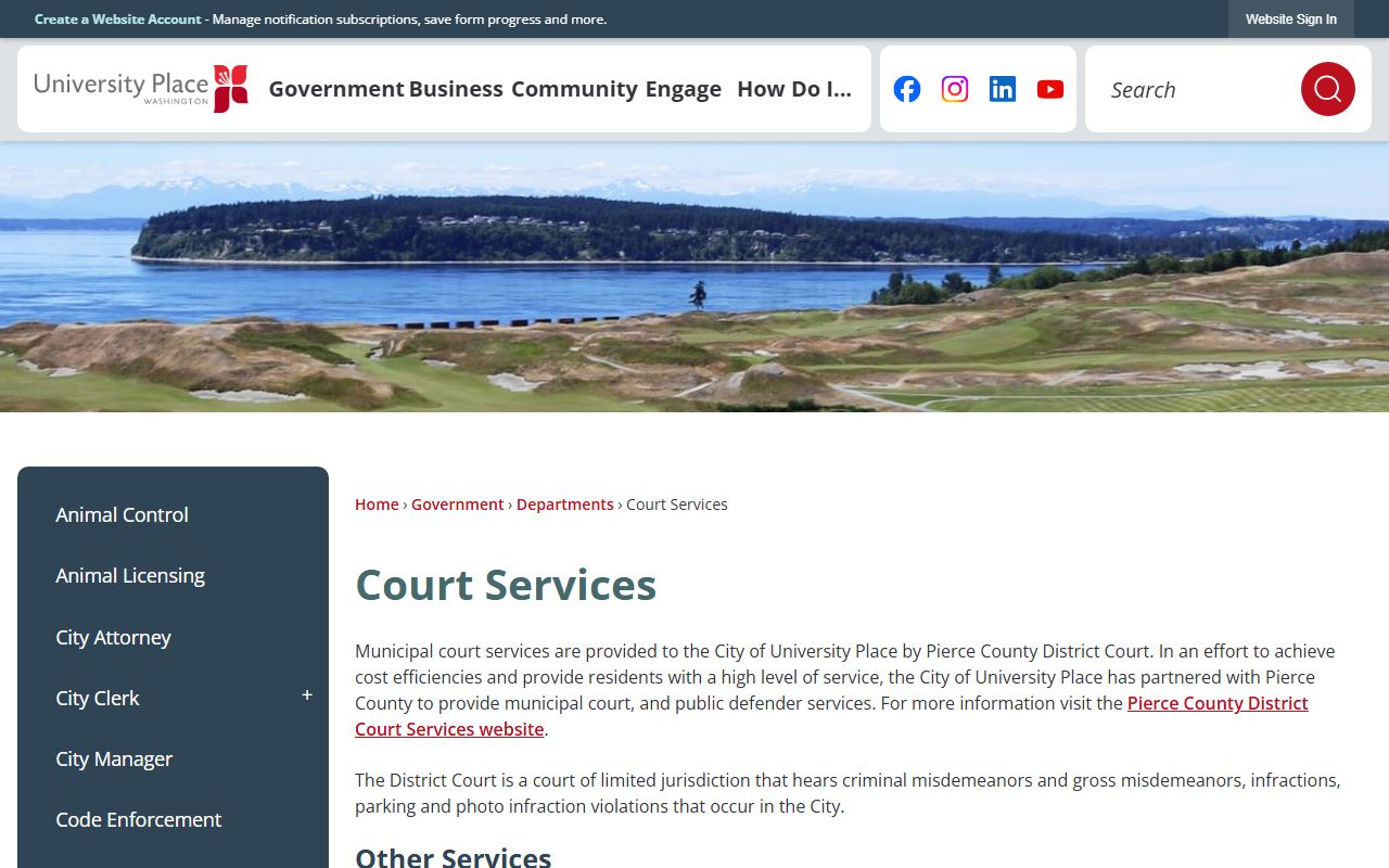 University Place court services page showing contracted municipal court arrangement