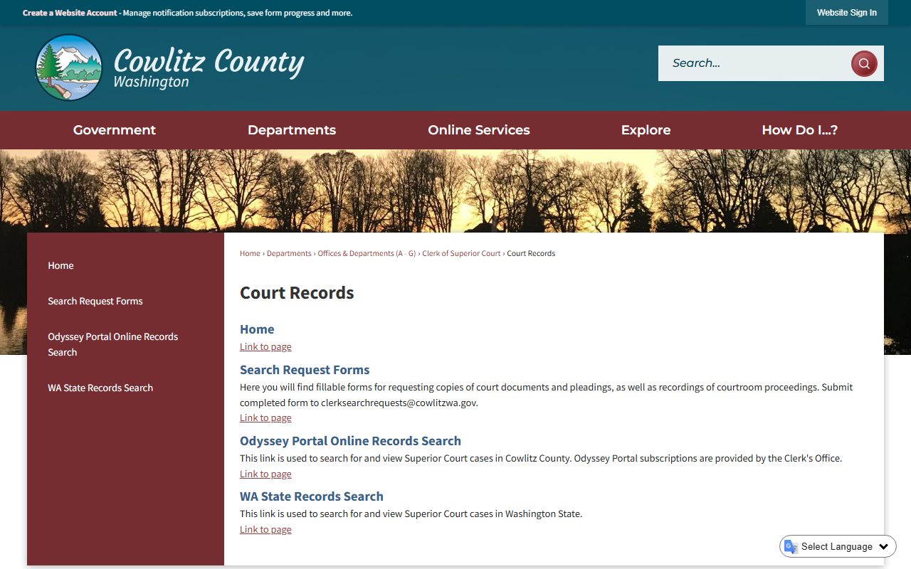 Cowlitz County court records page for divorce decree requests