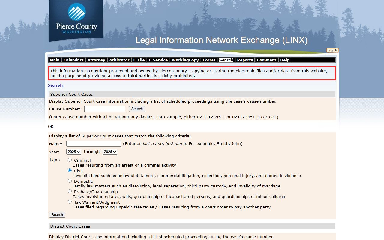 Pierce County LINX case search portal for divorce decree records