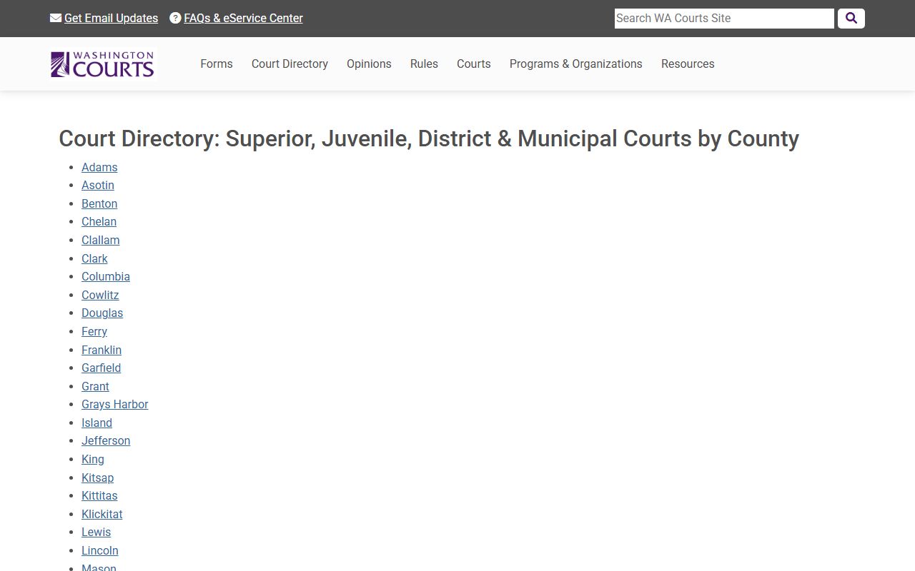 Washington State Courts directory for Skamania County divorce decree records