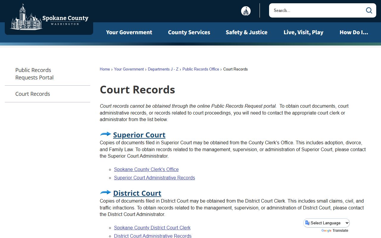 Spokane County Court Records portal for divorce decree searches