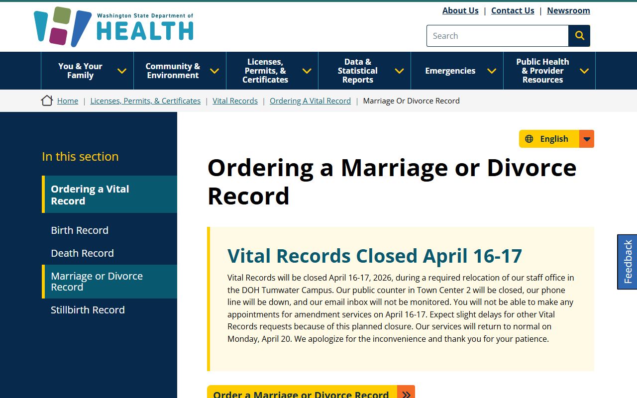 Washington DOH divorce record ordering page