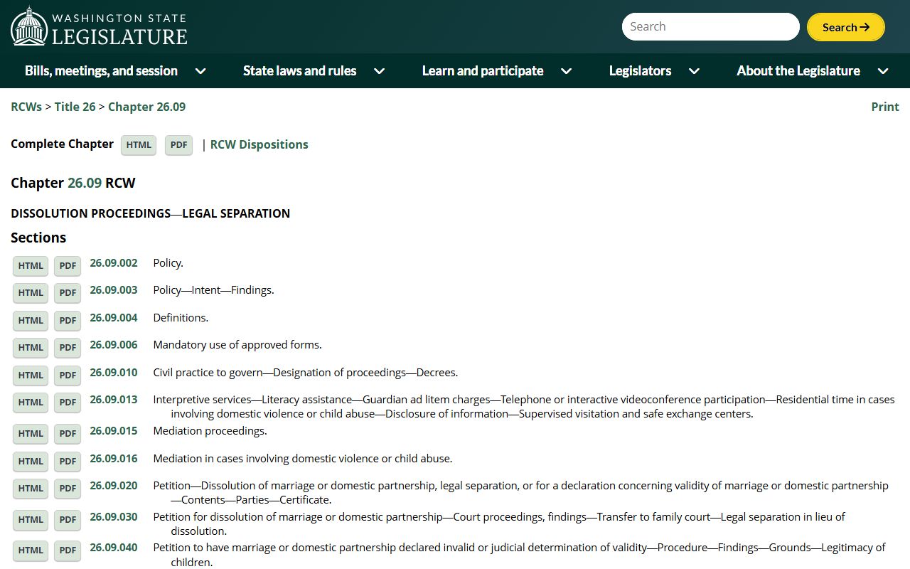 RCW Chapter 26.09 Washington dissolution of marriage law