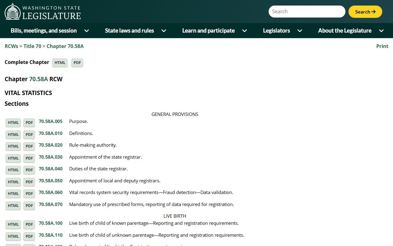 RCW Chapter 70.58A Washington vital statistics law for divorce records