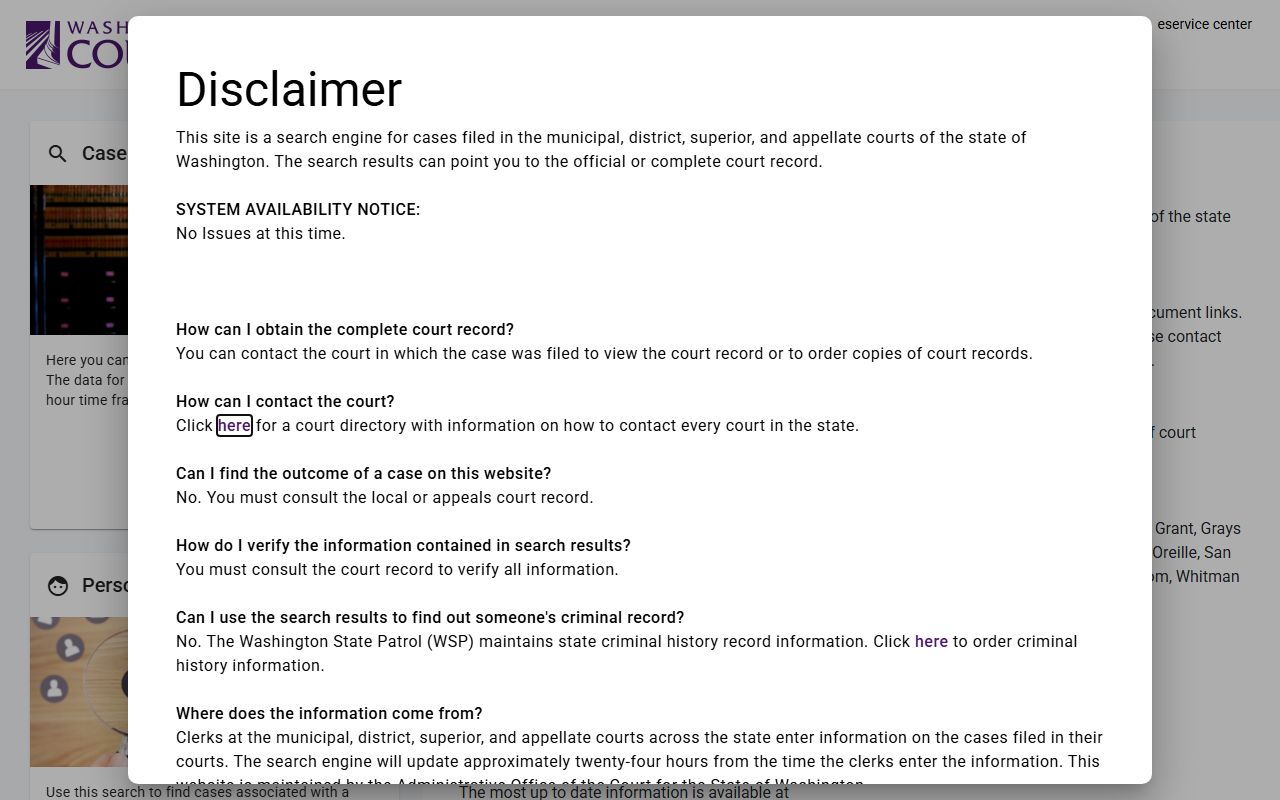 Washington Courts case search portal for divorce decree lookup