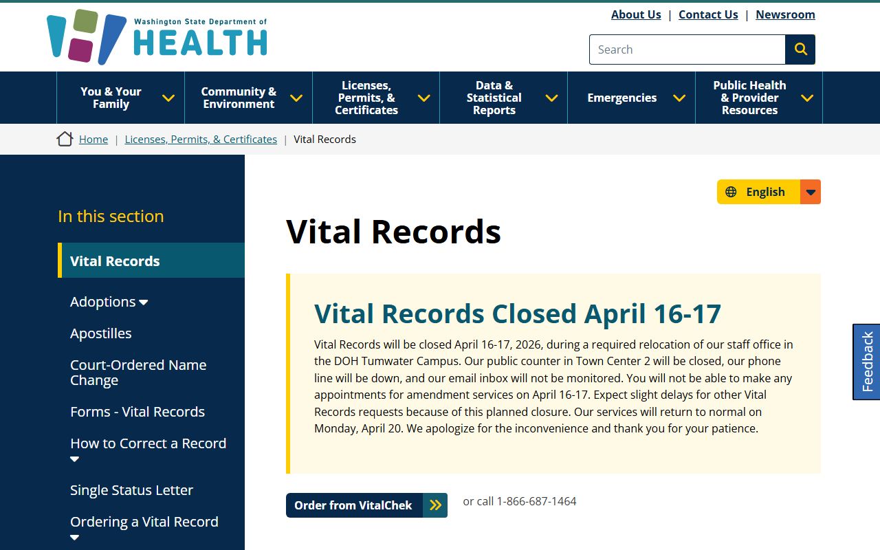 Washington State Department of Health vital records for divorce verification