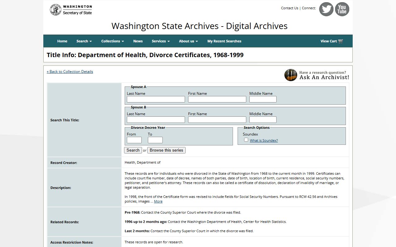 Washington State Digital Archives divorce certificates 1968 to 1999