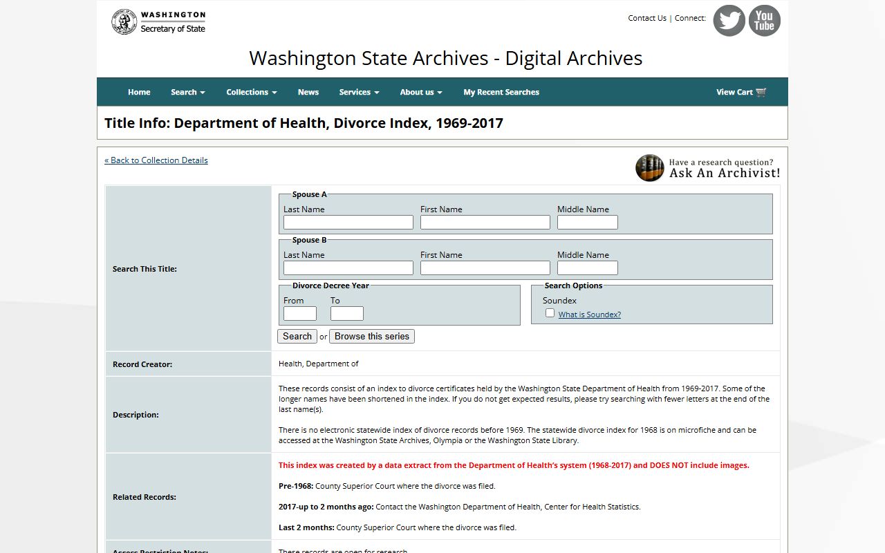 Washington State Digital Archives divorce index 1969 to 2017